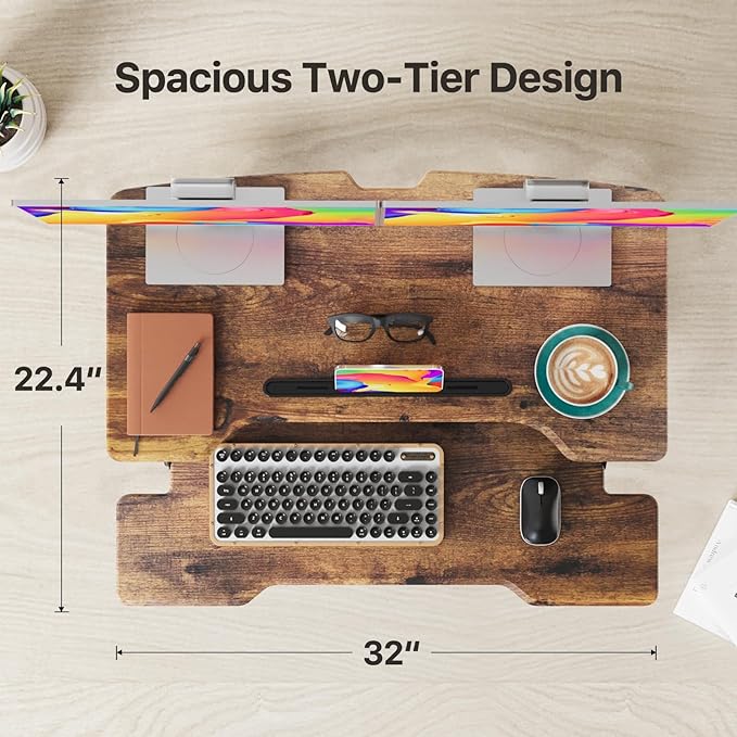 Standing Desk Converter 32 inch, Height Adjustable Sit Stand Desk Riser, Quick Sit to Stand Desktop Dual Monitor Riser Workstation for Home Office with Keyboard Tray, Rustic Brown