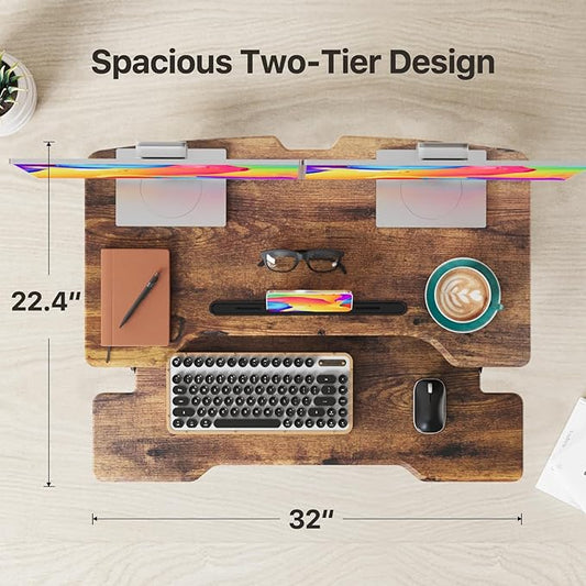 Standing Desk Converter 32 inch, Height Adjustable Sit Stand Desk Riser, Quick Sit to Stand Desktop Dual Monitor Riser Workstation for Home Office with Keyboard Tray, Rustic Brown