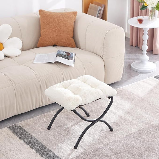 LITA Folding Upholstered Footrest Stool, Modern Small Portable Accent Ottoman with Detachable Thick Cotton Cushion Padded Sofa Stool with Metal Frame for Lazy Chair, Living Room & Bedroom, Plush Beige