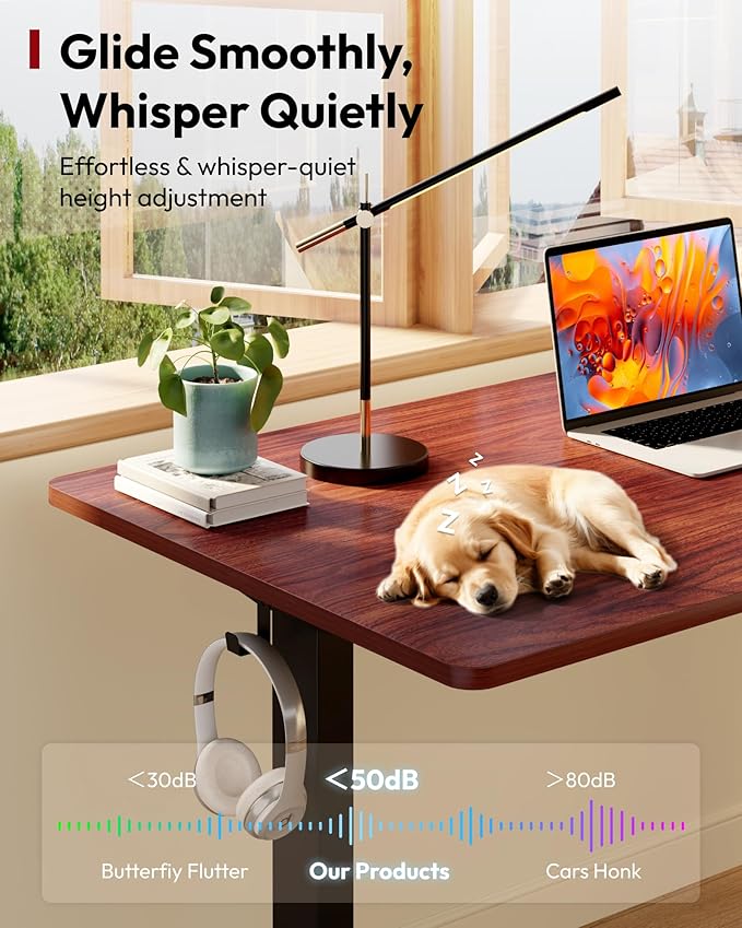 SANODESK Electric Standing Desk 48 x 30 Inches Whole-Piece Desktop Height Adjustable Stand Up Desk w/6-Button Controller Ergonomic Computer Desk for Home Office, Black Frame + Mahogany Tabletop