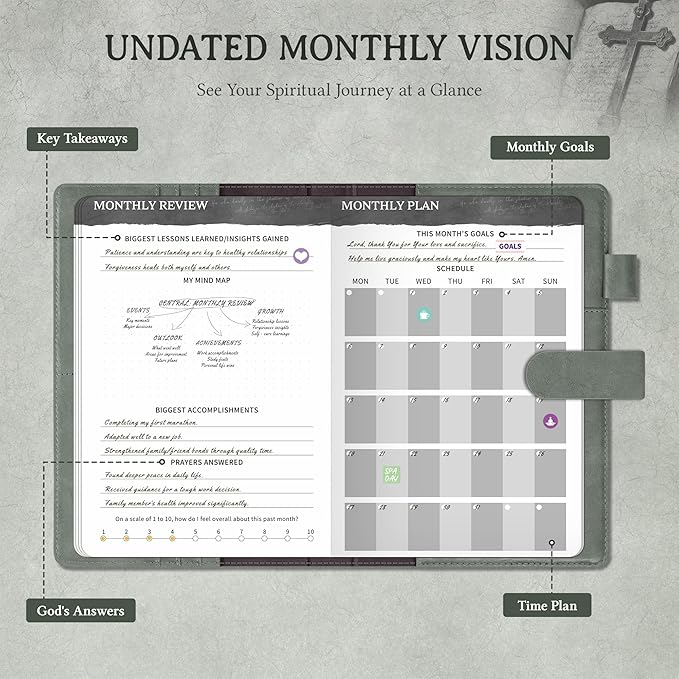 Ospelelf Green Faux Leather Prayer Journal - Christian Gift Journal for Women & Men, Daily Devotional Planner Notebook for Bible Study, Gratitude & Reflection, Undated 3-Month