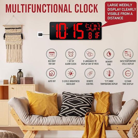 TXL 17.2'' Bluetooth Large LED Digital Wall Clock, Large Display Date and Temperature,Count Up/Down Timer Clock with Remote Control, Adjustable Brightness Alarm Clock for Home, Office, Gym, Elderly