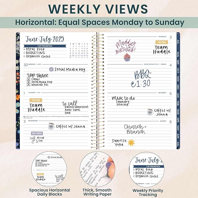 bloom daily planners 2025-2026 Academic Year Daily Planner (July 2025 - July 2026) - A5 Weekly & Monthly Calendar Agenda Organizer Book with Stickers - 5.5" x 8.25" - Garden Party, Navy