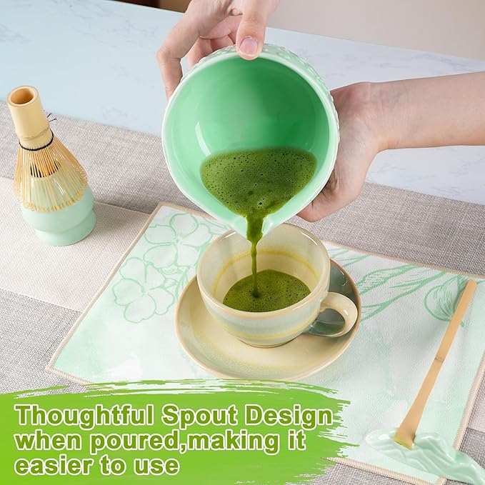 Matcha Whisk Set, Matcha Set 7 Pcs, Ceramic Matcha Bowl with Spout, Bamboo Chasen Whisk & Holder, Scoop, Sifter, Tea Towel, Ideal Gift Christmas, Birthday(Green)