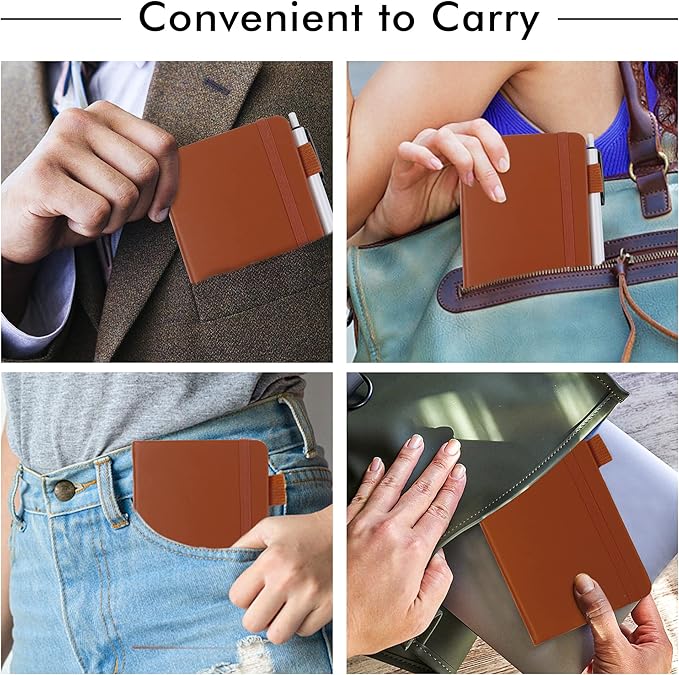 feela 3 Pack Pocket Notebook Journals, Mini Cute Small Journal Notebook Bulk Hardcover College Ruled Notepad with Pen Holder for Office School Supplies, with 3 Black Pens, 3.5”x 5.5”, A6, Brown