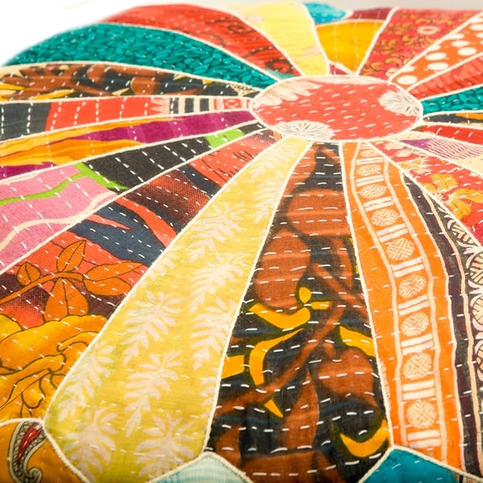 Mandala Life ART Indian Vintage Colorful Pouf Ottoman Cover Handmade Round Floor Cushion Pillow Patchwrok Recycled Cotton Bohemian Room Décor for Yoga and Boho Chic Seating Area 24x8 Unstuffed