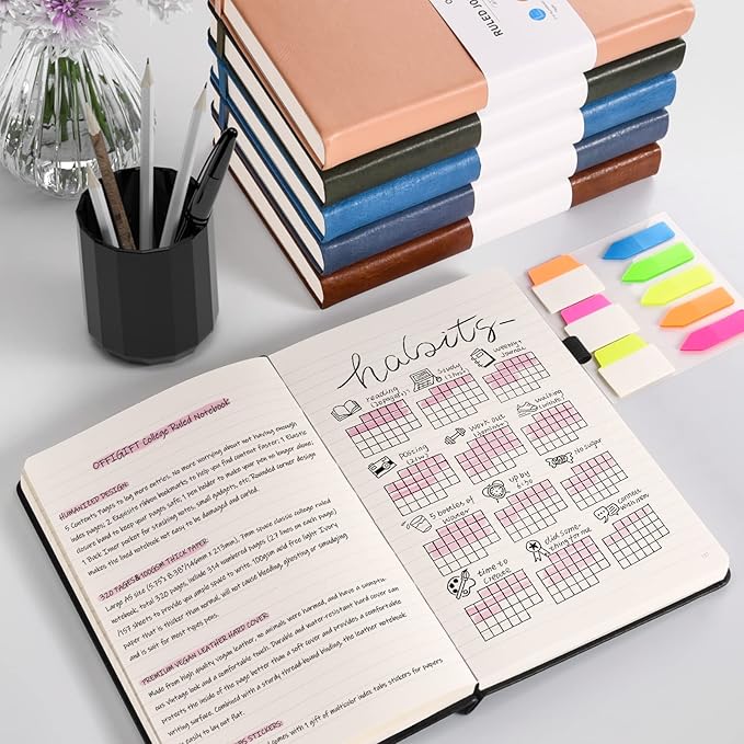 5 Pack College Ruled Notebook, 312 Numbered Pages Thick Notebooks Bulk, 100gsm No Bleed Paper Hardcover Leather Journal, Lined Journal Notebook Set for Women Men School Office, A5, Brown