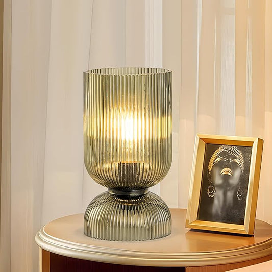Modern Table Lamp,Glass Mid Century Lamp with Green Glass Shade, Bedside Lamp with On/Off Switch, Minimalist Nightstand Lamp for Bedroom, Living Room, Office (Bulb not Included)