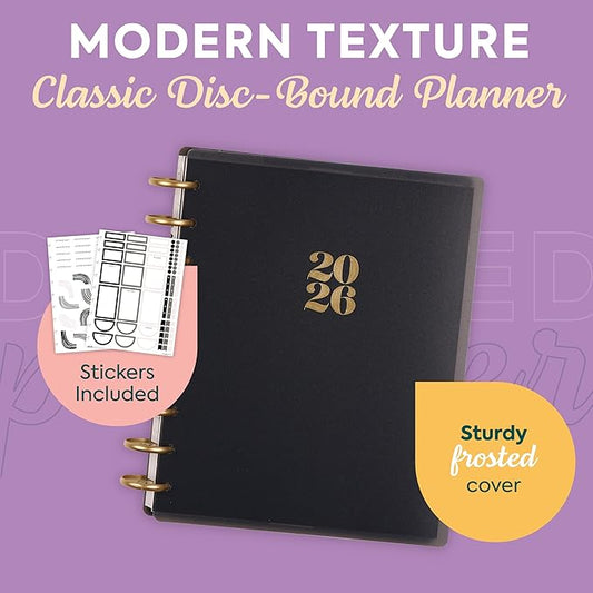 Happy Planner Disc-Bound Planner Jan.–Dec. 2026, Includes 3 Extra Months and 2 Sticker Sheets, Classic Size, 7" x 9.25", Dashboard Layout, Modern Texture