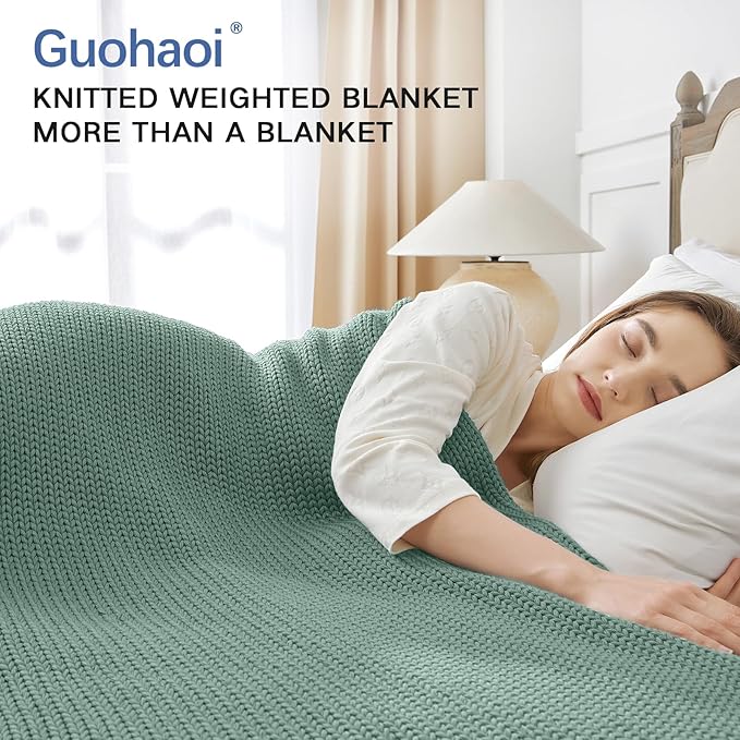 Guohaoi Knitted Weighted Blanket for Adults (Haze Green 60"x80" 12lbs) No Beads Cooling Throw Blanket for Hot Sleepers, Home Decor Breathable Chunky Knit Heavy Blanket Use on Queen/King Size Bed