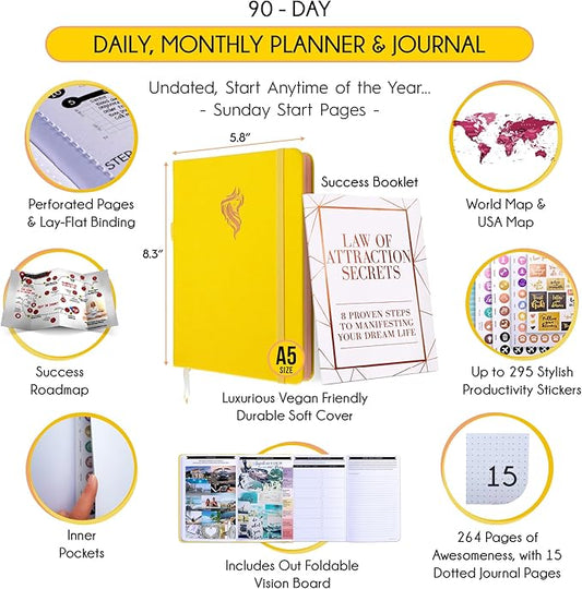 Gratitude Journal for Women & Men - 5 Minute Self Care Journal | 90-Day Undated Daily Planner for Positivity, Affirmations & Manifestation | Guided Mindfulness, Reflection | Vision Board + Stickers