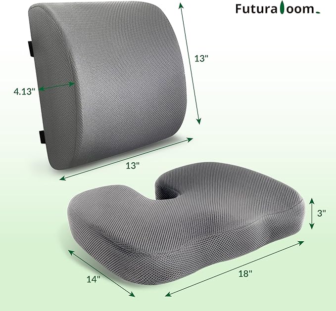 Seat Cushion & Adjustable Lumbar Support Pillow Set, Charcoal Memory Foam Back & Tailbone Pain Relief, Non-Slip & Washable Cover, for Office Chair, Car Seat, Wheelchair - Grey