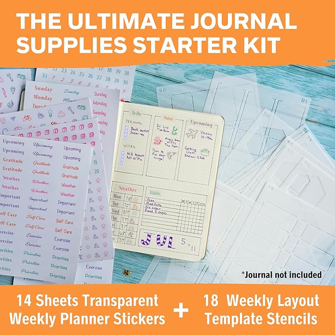 Weekly Planner Layout Journaling Supplies Kit (32 pcs) - 18 Weekly Layout A5 Planner Stencils and 14 Sheets Colorful Planner Stickers, Planner Accessories Compatible with A5 Bullet Journals
