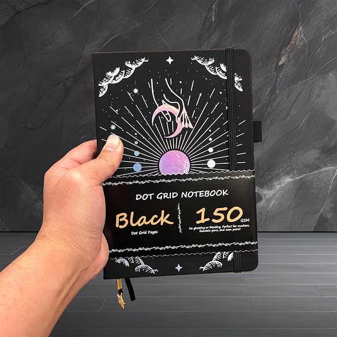 BUKE Dotted Journal - 150gsm Black Paper - 5 * 5mm DOT GRID Layout 160 Pages - A5 Size PU Leather Hardcover Drawing Sketch Notebook (Black)