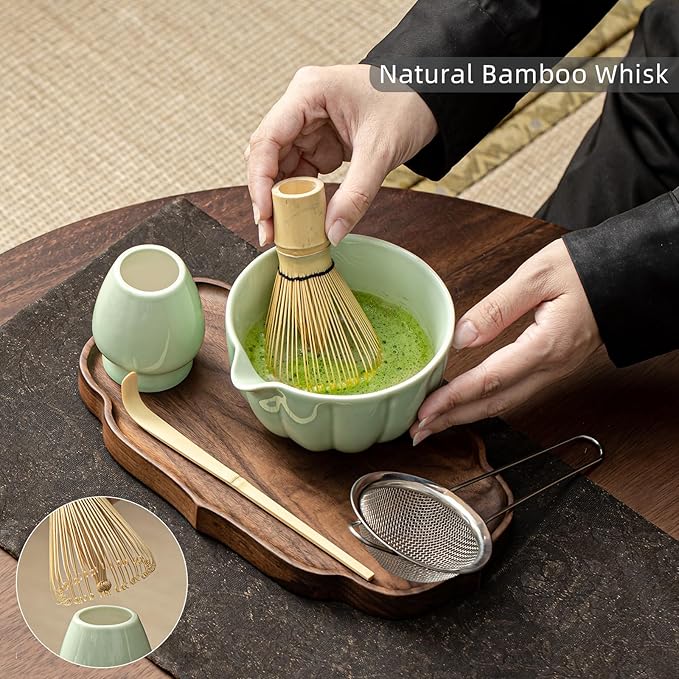 Matcha Whisk Set, Matcha Set Includes Ceramic Matcha Bowl, Bamboo Whisk, Scoop, Chasen Holder, Sifter - 5 Pcs Perfect Matcha Kit for Macha Lover (Emerald Green)