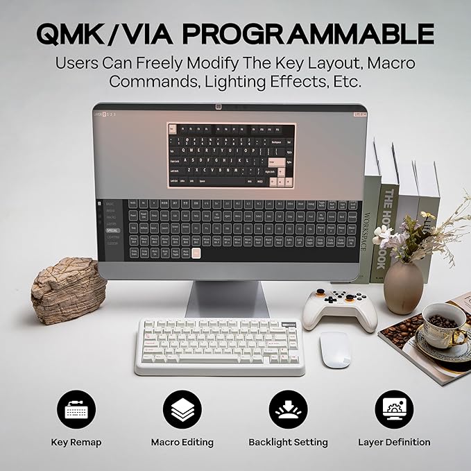 KiiBoom Phantom81 Lite 75% Gasket Mechanical Keyboard, QMK&VIA Programmable, 3 Modes Wireless Gaming Keyboard, RGB Backlights, ABS Case + UV Tech, Hot-Swappable for Windows/Mac/Linux (White)