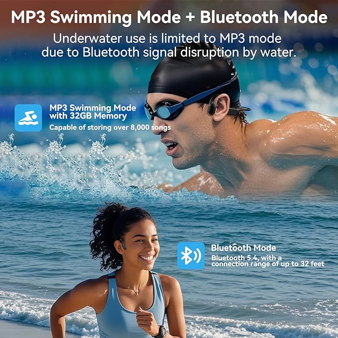 Swimming Headphones IP68 Waterproof, Open Ear Bone Conduction Headphones Bluetooth 5.4 with 32GB MP3 Player, Secure Comfort Underwater Swim Earbuds for Jogging Cycling Fitness-SurfAudio(Black)