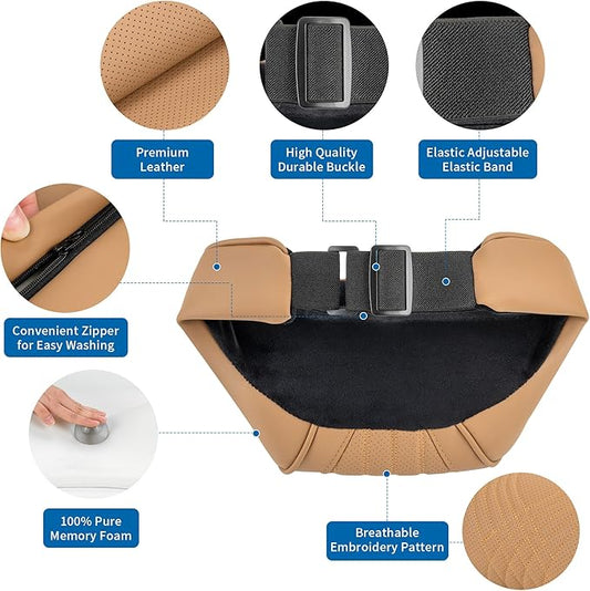 Car Headrest Memory Foam Neck Pillow for Driving with Leather Cover Soft Comfortable Seat Head Pillow Cushion for Most Cars SUV Sedan Home Office Palomino Brown (2PC)