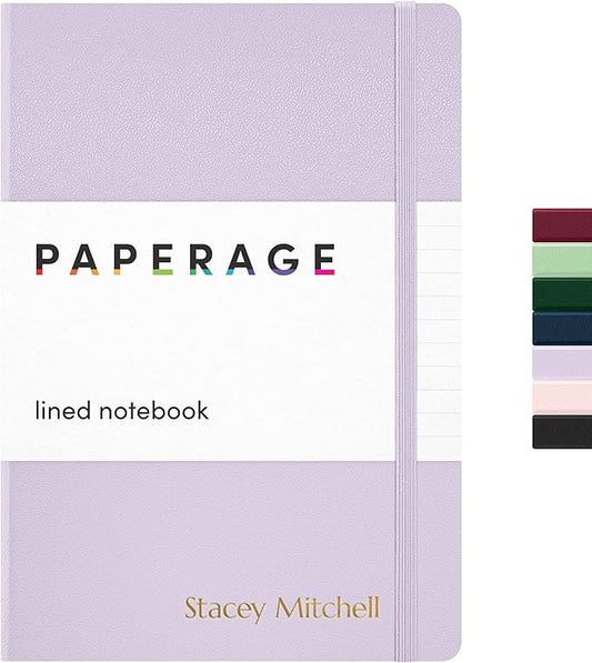 PAPERAGE Personalized Lined Journal Notebook for Writing - Customizable Text in Embossed Metallic Gold Foil, 160 Pages, 100 GSM Thick Paper, Leather Hardcover, 5.7 inches x 8 inches, Lavender