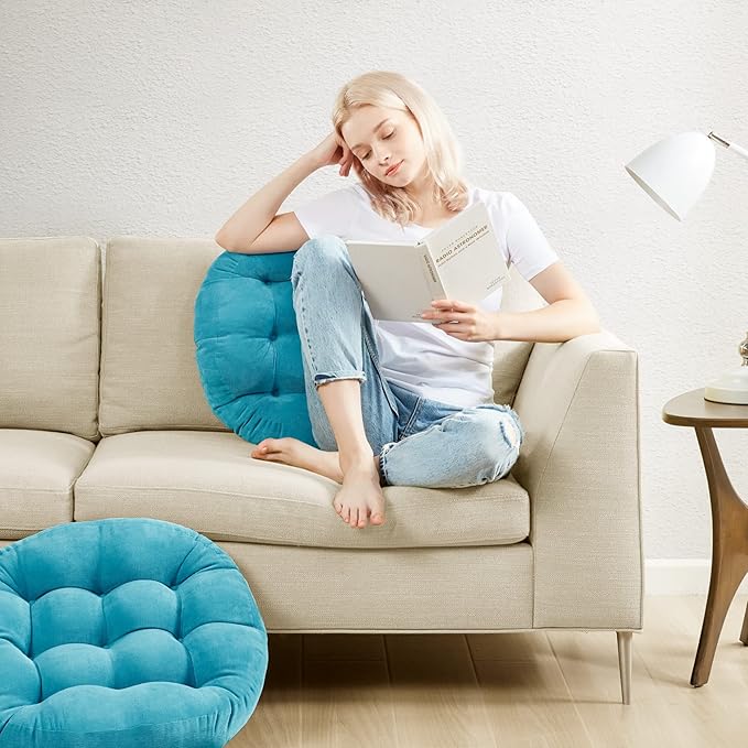 Degrees of Comfort Meditation Floor Pillow, Round Large Pillows Seating for Adults, Tufted Corduroy Thick Cushion for Living Room Tatami, Turquoise, 22 Inch Single