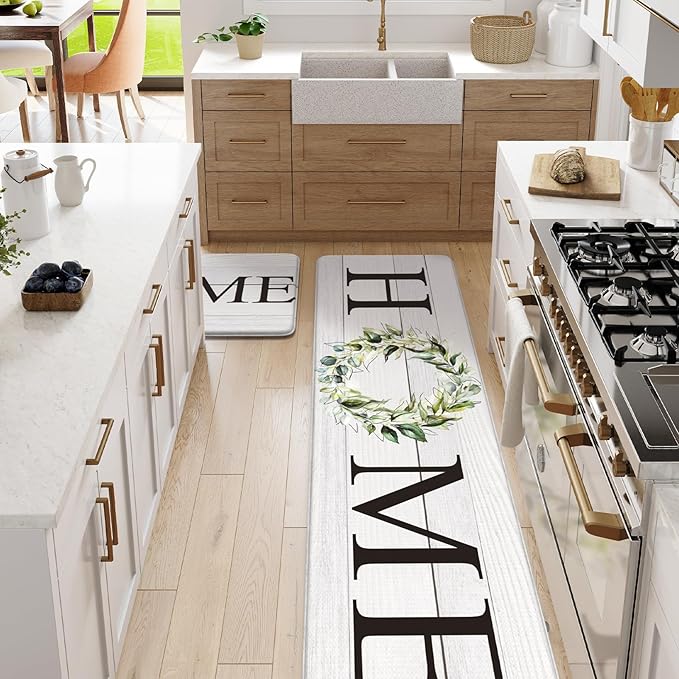 KIMODE Kitchen Anti Fatigue Rug Set of 2, Ergonomic Standing Kitchen Mat Set 2PCS, Farmhouse Kitchen Runner Stain Resistant, Non Slip Waterproof Kitchen Mats for Floor, 20" x 71" + 20" x 32", White