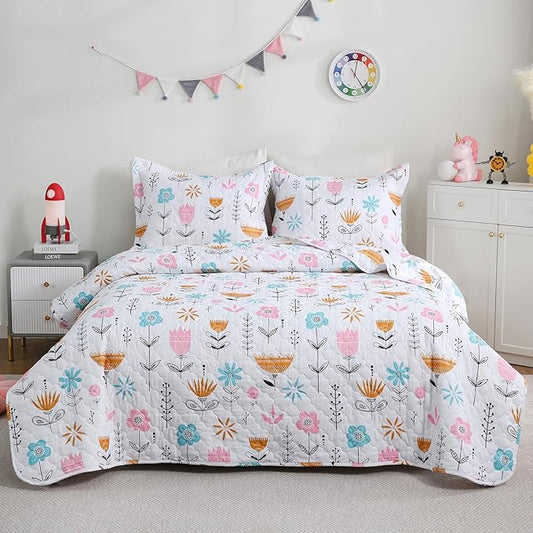 Girls Pink Floral Quilt Set Queen Size Kids Bedding Sets Lightweight Summer Bedspread Soft Microfiber Breathable Bed Comforter All-Season