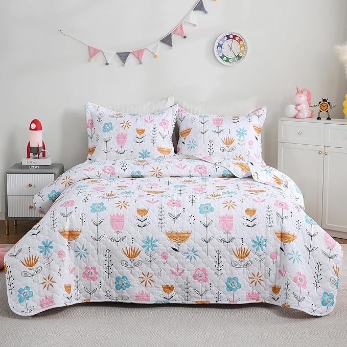 Girls Pink Floral Quilt Set Twin Size Kids Bedding Sets Lightweight Summer Bedspread Soft Microfiber Breathable Bed Comforter All-Season