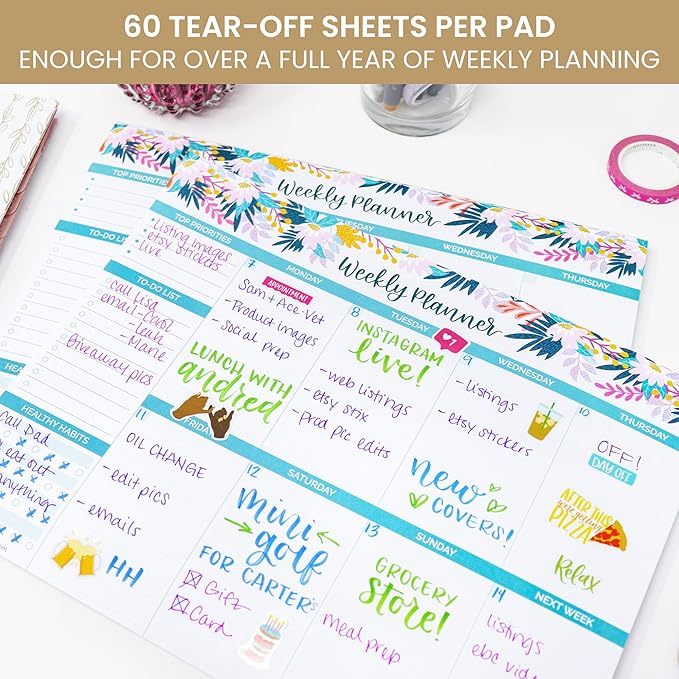 bloom daily planners Horizontal Weekly Tear-Off To Do List Planning Pad - Undated Notepad Organizer & Healthy Habit Tracker - 8.5” x 11” - Floral