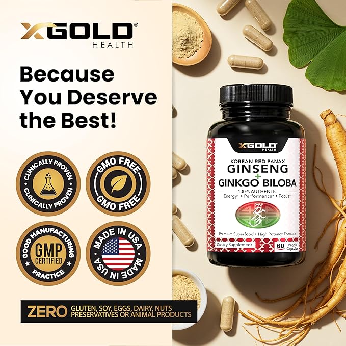 Korean Red Panax Ginseng 1200mg + Ginkgo Biloba - Extra Strength Root Extract Powder Supplement w/High Ginsenosides Vegan Capsules for Energy, Performance & Focus - Supplement for Men & Women