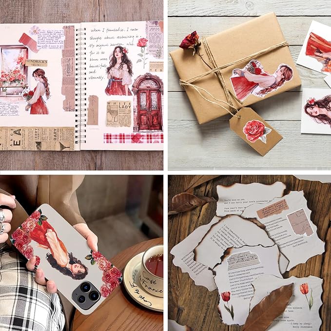 AVECMOI Love Scrapbooking Stickers for Journaling Supplies, Happy Planner Sticker Book with 234 Images, Paper & PET Sticker for Card Making, Collage, Paper Crafts, A5 (Rose)