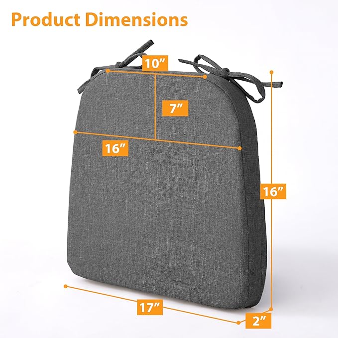 Chair Cushions for Dining Chairs, 2" Thick Seat Cushions for Kitchen Chairs, D-Shaped Chair Pads with Washable Cover, Ties and Non Slip Backing, 17'' x 16'', Set of 4, Dark Grey