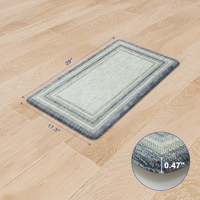 KIMODE Anti Fatigue Kitchen Mats, 17.3" x 29" Farmhouse Kitchen Rugs, Cushioned, Non-Slip Waterproof Comfort Thick Kitchen Floor Standing Mat for Corner Sink, Laundry Floor, Blue and Gray