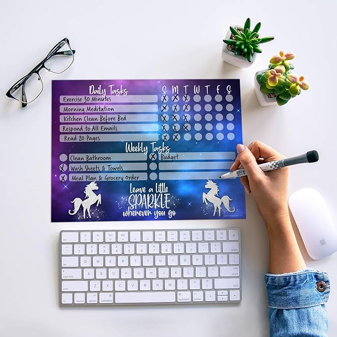 Dry Erase Whiteboard Task Planner | Removable and Restickable Adhesive Decal | Fine-Tip Magnetic Marker Included (9 x 12 inches, Unicorn Sparkle)