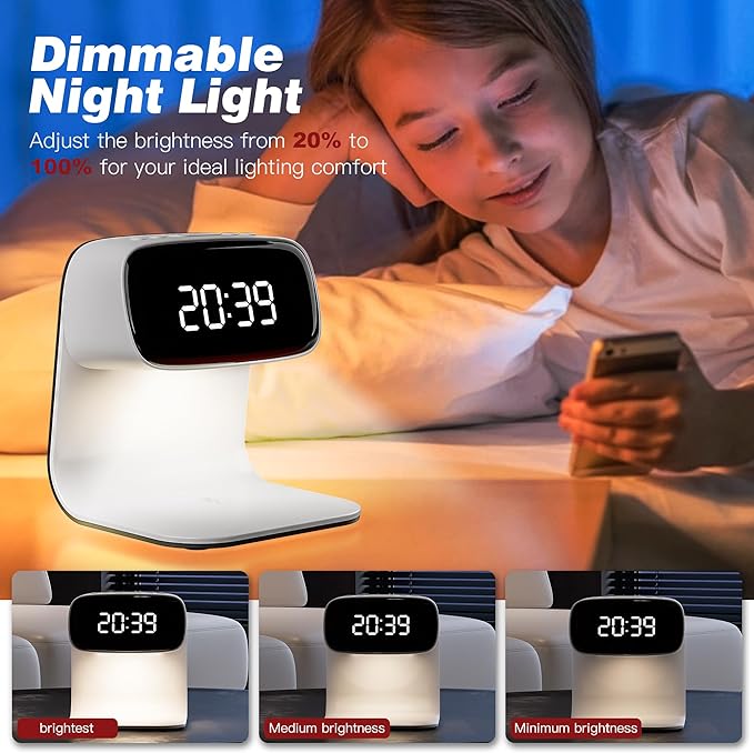 Digital Alarm Clock with Wireless Fast Charging Station 15W Touch Smart Lamp for Bedside,3 Colors Nightlight Adjustment Night Lamp for Living Room,Bedside,Heavy Sleepers (White+Cable&Adapter)