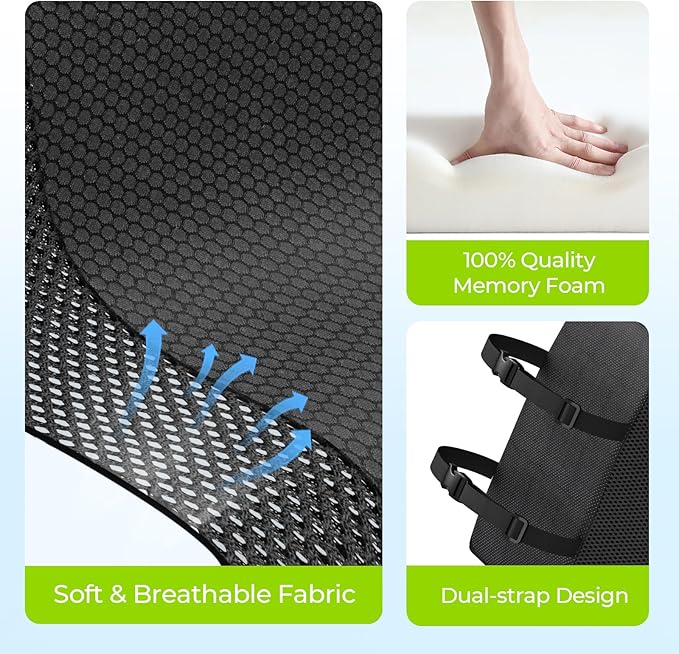 AUVON Lumbar Support Pillow for Office Chair with Patented Bulge for Lower Back Support, Ergonomic Office Home Essentials Improve Posture, Memory Foam Chair Cushion with Straps for Home, Office, Car