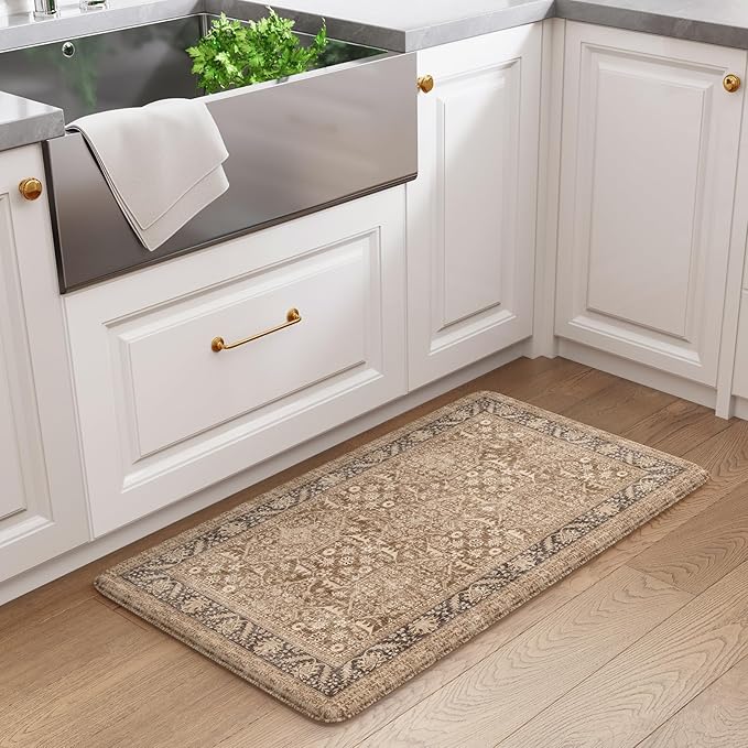 KIMODE Anti Fatigue Kitchen Mat 17.3"x29", Vintage Kitchen Floor Mats Non Slip, Waterproof Kitchen Mat for Floor, Farmhouse Comfort Standing Mat for Laundry, Office, Sink, Desk Brown