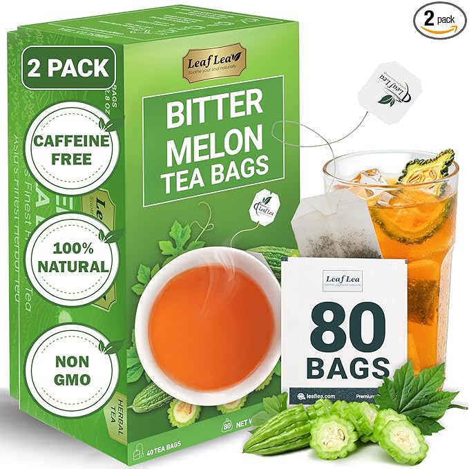 LeafLea 80 Bitter Melon Tea Bags, Premium Dried Momordica Charantia (Melon Amargo, Gohyah) Herbal Fruit Tea | Supports Wellness and Digestion | Caffeine-Free, Sugar-Free, Vegan, Pack of 2