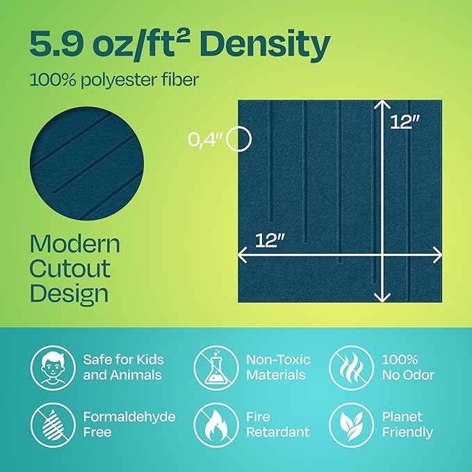 Acoustic Panels 12-Pack Soundproof Wall Panels 12"x12"x0.4" Decorative Sound Dampening for your Home, Office, Studio, Bedroom & More with Unique LineWave Carving [Ocean Turquoise]