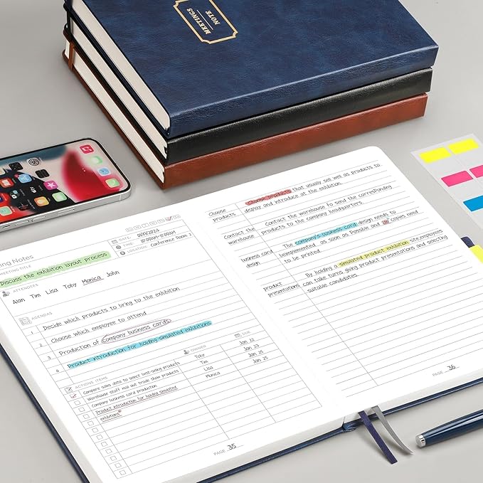 EMSHOI Meeting Notebook for Work with Action Items - 320 Pages B5 Thick Project Planner Agenda Organizer Work Notebook for Women Men Office Business Notes, PU Leather Hardcover, 7.5" x 10", Coffee