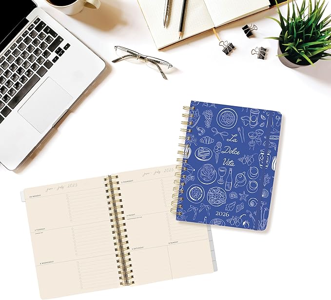 18 Month Planner/Calendar by Graphique, July 2025 – Dec. 2026 La Dolce Vita Hardbound Spiral Planner, Monthly Tabs, Holidays, Reminder Stickers, 6” x 8”