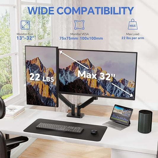 Dual Monitor Mount, Adjustable Monitor Desk Mount Swivel VESA Bracket with C Clamp, Computer Monitor Arms Up to 32 Inches, Hold Max 22lbs, Black