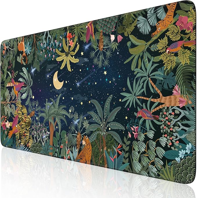 iCasso Midnight Jungle Mouse Pad, Desk Pad Mat, Desk Matt for Desktop, XXL Large Anti-Slip Big Mousepad with Stitched Edges, Keyboard Pad Mouse Mat for Computer(Night)
