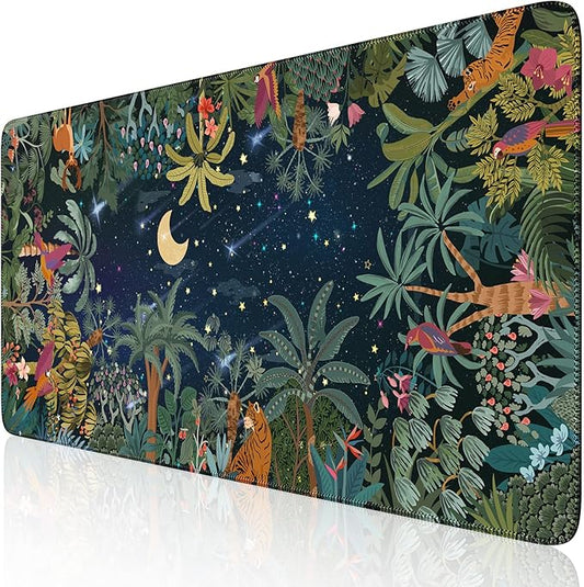 iCasso Midnight Jungle Mouse Pad, Desk Pad Mat, Desk Matt for Desktop, XXL Large Anti-Slip Big Mousepad with Stitched Edges, Keyboard Pad Mouse Mat for Computer(Night)
