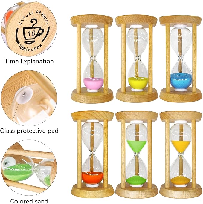 6PCS Wooden Hourglass Sand Timer Set - 30 Sec/1/2/3/5/10 Min Colorful Sandglass Clock for Home Office Kitchen Decor (3.54 x 1.97 Inch)
