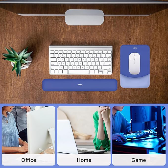 MOSISO Wrist Rest Support for Mouse Pad&Keyboard Set, Rectangular Ergonomic Mousepad Non-Slip Base Home/Office Pain Relief&Easy Typing Pad with Neoprene Cloth&Raised Curved Memory Foam, Royal Blue