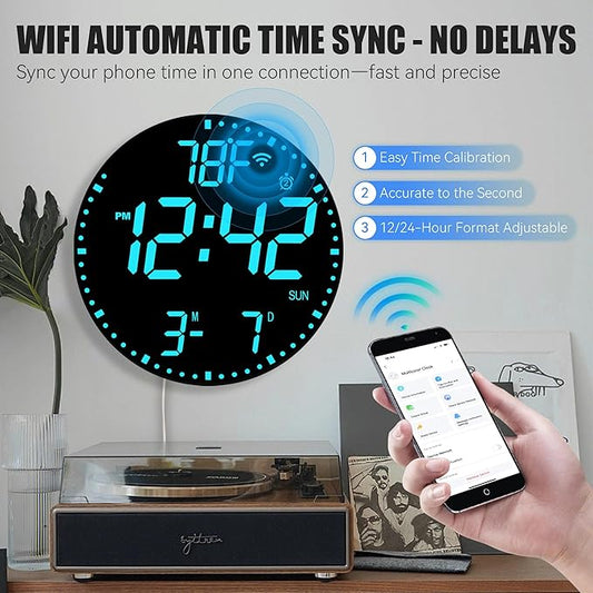 Kasbin 12” Smart Digital Wall Clock with App Control, Auto Brightness, Dual Alarm, Date/Temp(°F/°C) Display - 12 RGB Colors for Bedroom, Living Room, Office, Ideal Gift for Seniors