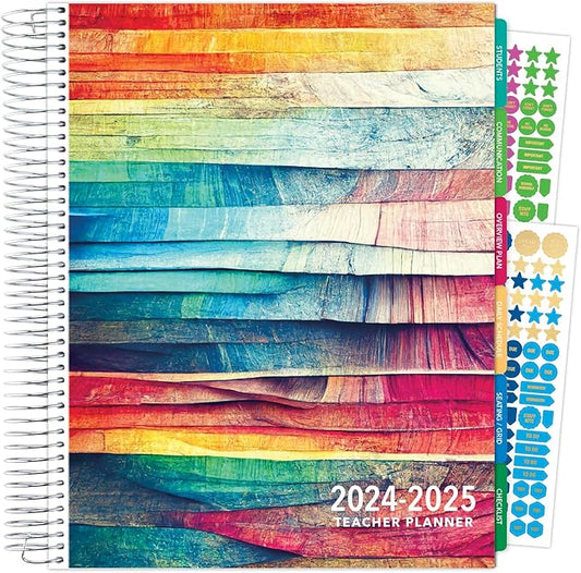 Aug 2024-Jul 2025 Deluxe Teacher Planner Notebook 8.5x11 Daily Weekly Monthly Organizers with 7 Periods, Pocket Folder, Dated Calendar, Page Tabs, Bookmark and Planning Stickers (Rainbow Oak)