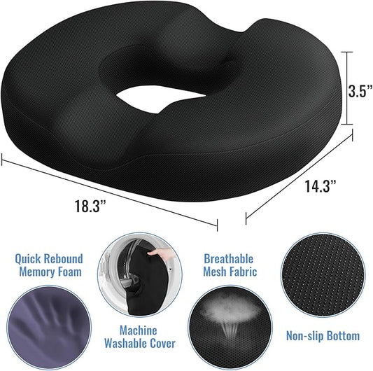CloudBliss Donut Pillow Seat Cushion for Tailbone Pain Relief and Hemorrhoids, Memory Foam Chair Cushion, Seat Cushions for Men and Women for Home & Office, (Black-XL)