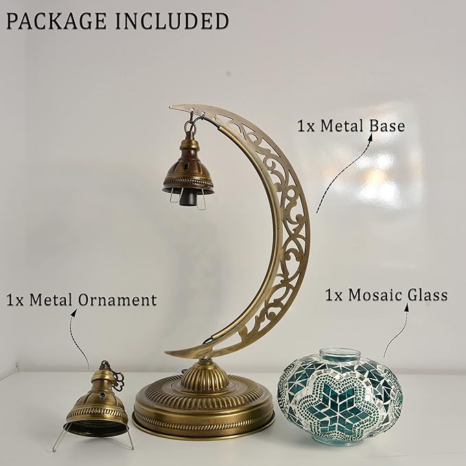 mozaist Turkish Stained Glass Luna Shape Table Lamp, Moroccan Crescent Tiffany Style Handmade Desk Light, Rustic Moon Living Room, Mosaic Lampshade Office Decorative Dim Lighting (Emerald Green)