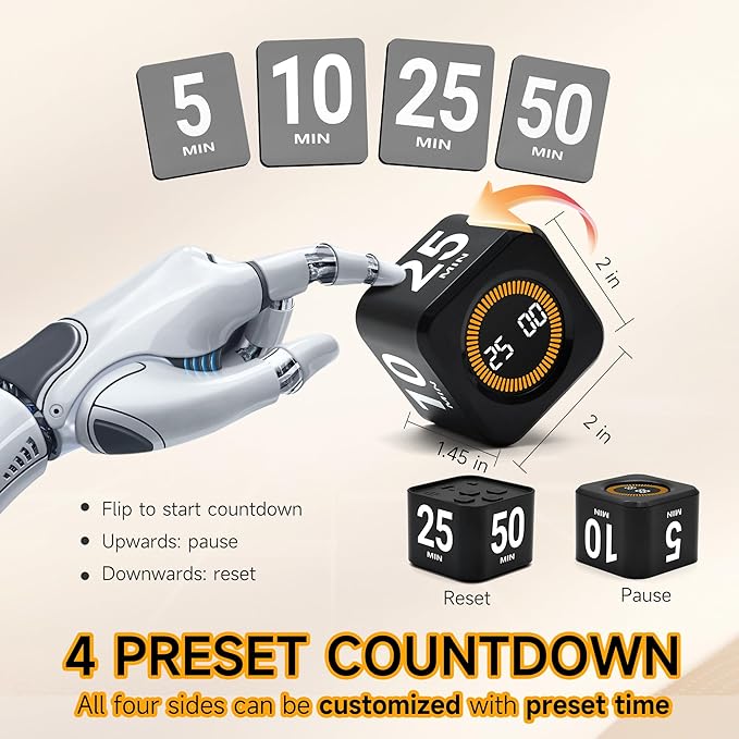 Visual Productivity Timer 5, 10, 25, 50 Minutes Preset, Desk Cube with Gravity Sensor for ADHD, Mute Functions, Ideal for Work, Study, Kitchen, Back to School(1, Black)